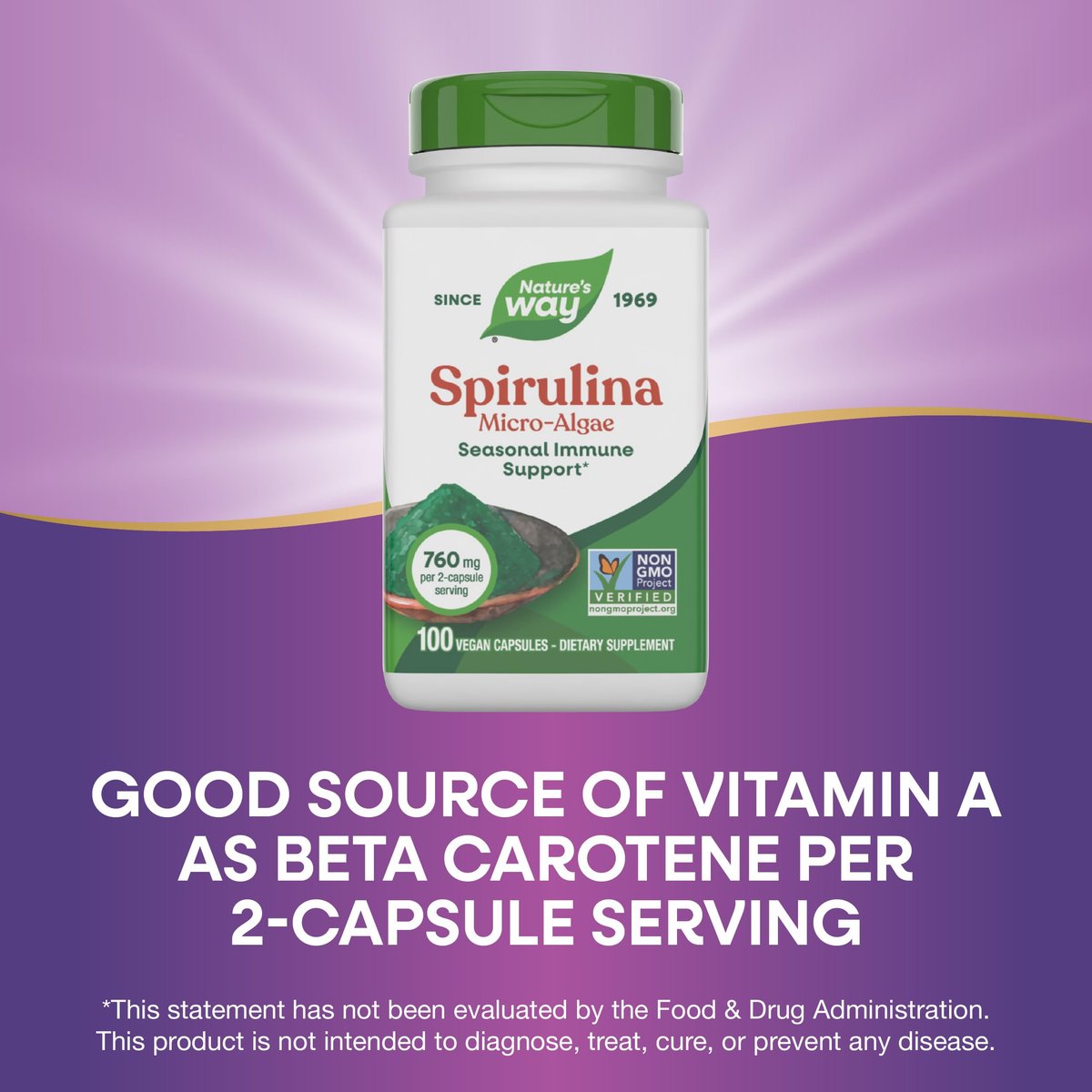 Nature's Way Spirulina Mikroalge – Saisonale Immununterstützung, Quelle für Vitamin A (Beta-Carotin), 760 mg pro Portion, 100 vegane Kapseln