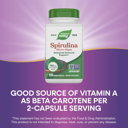 Nature's Way Spirulina Mikroalge – Saisonale Immununterstützung, Quelle für Vitamin A (Beta-Carotin), 760 mg pro Portion, 100 vegane Kapseln