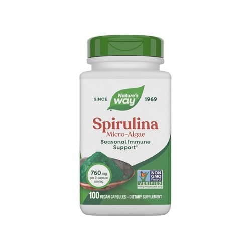 Nature's Way Spirulina Mikroalge – Saisonale Immununterstützung, Quelle für Vitamin A (Beta-Carotin), 760 mg pro Portion, 100 vegane Kapseln
