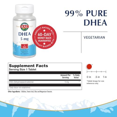 KAL DHEA 5 mg Tabletten – DHEA 5 mg Supplement für Frauen & Männer, 99,5 % rein, natürliche tägliche Unterstützung, vegetarisch – 60 Tabletten