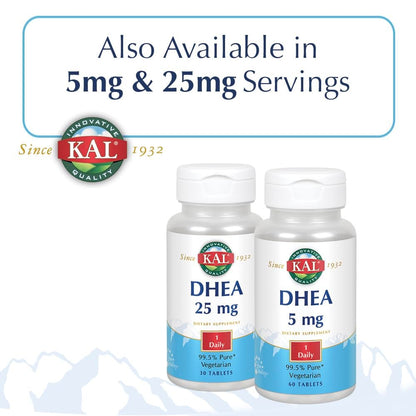 KAL DHEA 5 mg Tabletten – DHEA 5 mg Supplement für Frauen & Männer, 99,5 % rein, natürliche tägliche Unterstützung, vegetarisch – 60 Tabletten
