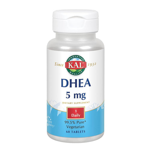 KAL DHEA 5 mg Tabletten – DHEA 5 mg Supplement für Frauen & Männer, 99,5 % rein, natürliche tägliche Unterstützung, vegetarisch – 60 Tabletten