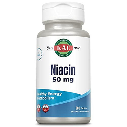 KAL 50 mg Niacin Tabletten, 200 Stück – Vitamin B3 zur Unterstützung des Energiestoffwechsels