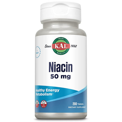 KAL 50 mg Niacin Tabletten, 200 Stück – Vitamin B3 zur Unterstützung des Energiestoffwechsels