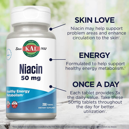 KAL 50 mg Niacin Tabletten, 200 Stück – Vitamin B3 zur Unterstützung des Energiestoffwechsels
