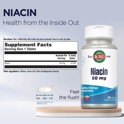 KAL 50 mg Niacin Tabletten, 200 Stück – Vitamin B3 zur Unterstützung des Energiestoffwechsels