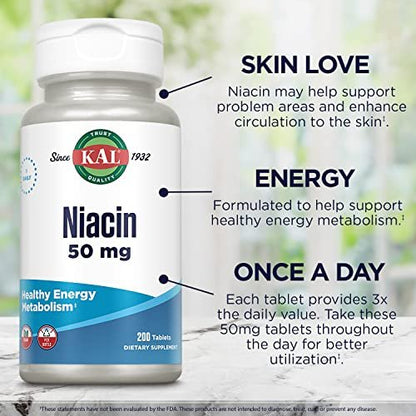 KAL 50 mg Niacin Tabletten, 200 Stück – Vitamin B3 zur Unterstützung des Energiestoffwechsels