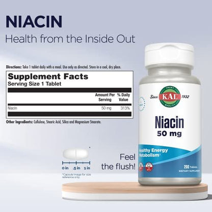 KAL 50 mg Niacin Tabletten, 200 Stück – Vitamin B3 zur Unterstützung des Energiestoffwechsels