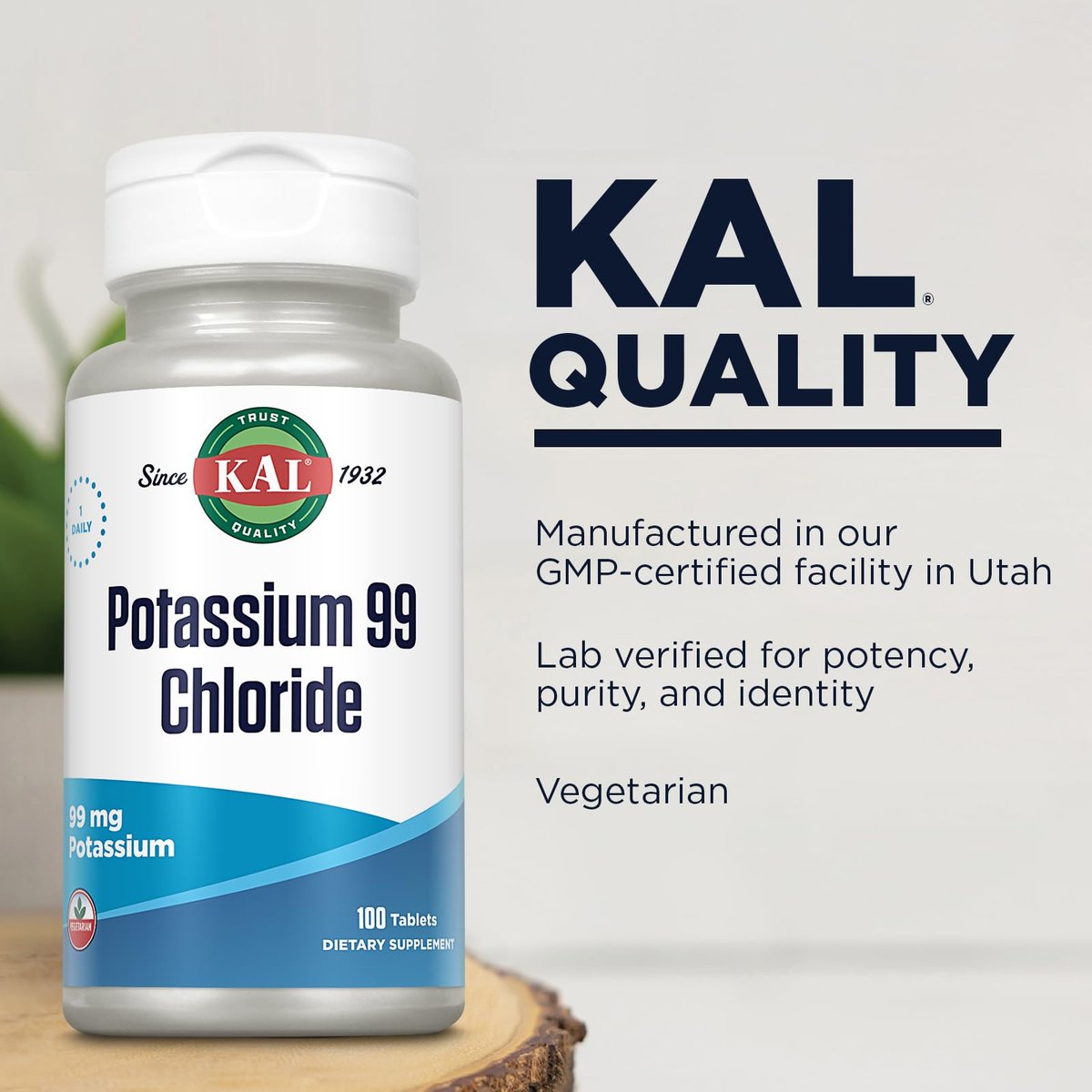 KAL Potassium 99 Chlorid - 99 mg Kaliumchlorid Tabletten, Elektrolyt-Ergänzung für Männer und Frauen - 100 Tabletten