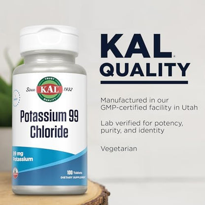 KAL Potassium 99 Chlorid - 99 mg Kaliumchlorid Tabletten, Elektrolyt-Ergänzung für Männer und Frauen - 100 Tabletten