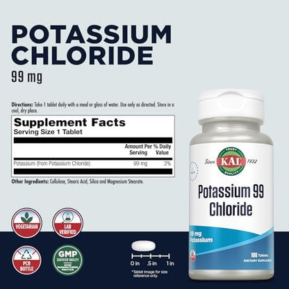 KAL Potassium 99 Chlorid - 99 mg Kaliumchlorid Tabletten, Elektrolyt-Ergänzung für Männer und Frauen - 100 Tabletten