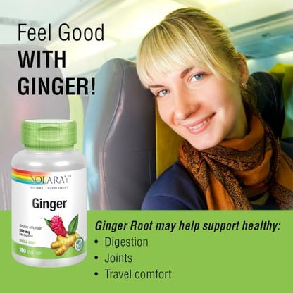 SOLARAY Ingwer Kapseln für Männer & Frauen - 1100 mg pro Portion, 180 vegane Kapseln - Verdauungsunterstützung, Magen- und Reiseunwohlsein