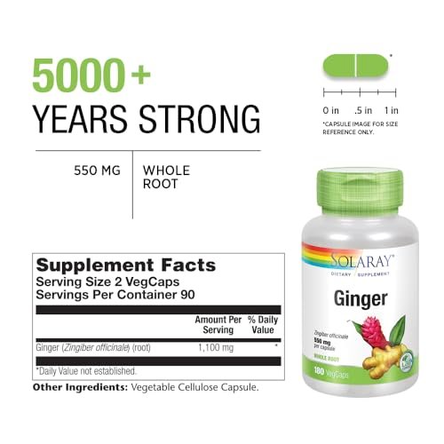 SOLARAY Ingwer Kapseln für Männer & Frauen - 1100 mg pro Portion, 180 vegane Kapseln - Verdauungsunterstützung, Magen- und Reiseunwohlsein