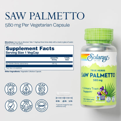 SOLARAY Sägepalme Beere 580 mg – Gesunde Prostata & Harnwege Unterstützung durch Fettsäuren & Pflanzensterine für Männer und Frauen, Non-GMO, Vegan & Laborgeprüft, 100 VegCaps, 100 Portionen