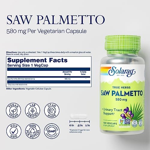 SOLARAY Sägepalme Beere 580 mg – Gesunde Prostata & Harnwege Unterstützung durch Fettsäuren & Pflanzensterine für Männer und Frauen, Non-GMO, Vegan & Laborgeprüft, 100 VegCaps, 100 Portionen