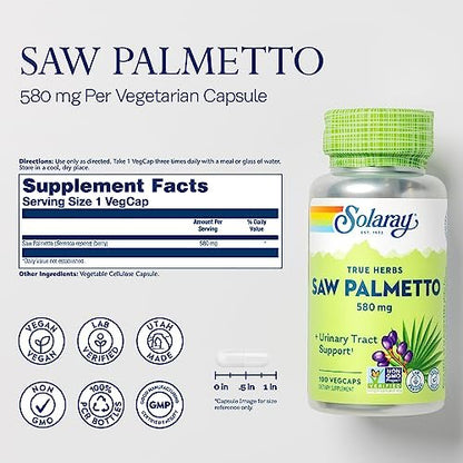 SOLARAY Sägepalme Beere 580 mg – Gesunde Prostata & Harnwege Unterstützung durch Fettsäuren & Pflanzensterine für Männer und Frauen, Non-GMO, Vegan & Laborgeprüft, 100 VegCaps, 100 Portionen