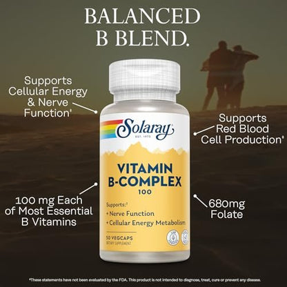SOLARAY Vitamin B Komplex 100mg – 50 Kapseln – Alle 8 B-Vitamine für Energie, Nerven & Herz – Vegan