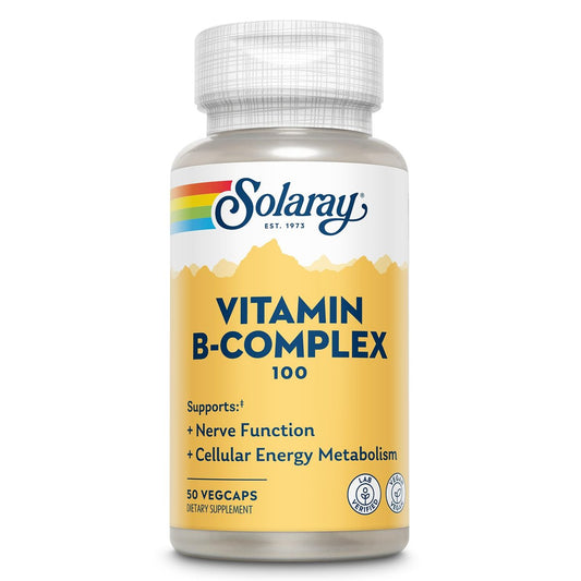 SOLARAY Vitamin B Komplex 100mg – 50 Kapseln – Alle 8 B-Vitamine für Energie, Nerven & Herz – Vegan