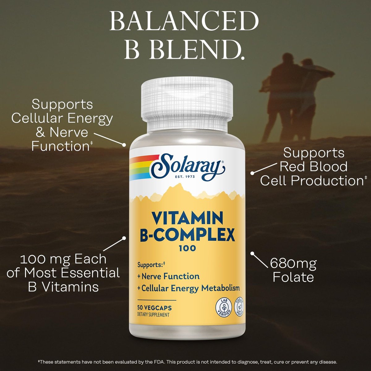 SOLARAY Vitamin B Komplex 100mg – 50 Kapseln – Alle 8 B-Vitamine für Energie, Nerven & Herz – Vegan