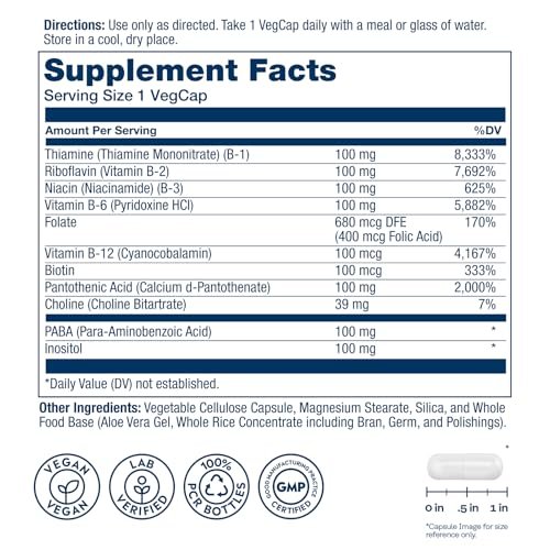 SOLARAY Vitamin B Komplex 100mg – 50 Kapseln – Alle 8 B-Vitamine für Energie, Nerven & Herz – Vegan