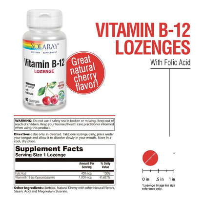 SOLARAY Vitamin B-12 1000mcg Lutschtabletten mit Folsäure | Natürlicher Kirschgeschmack | Gesunde Energieunterstützung | 90 Stück