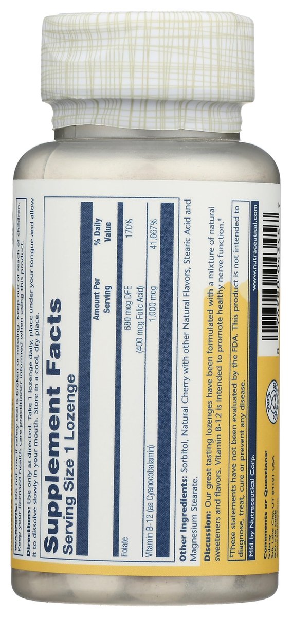 SOLARAY Vitamin B-12 1000mcg Lutschtabletten mit Folsäure | Natürlicher Kirschgeschmack | Gesunde Energieunterstützung | 90 Stück