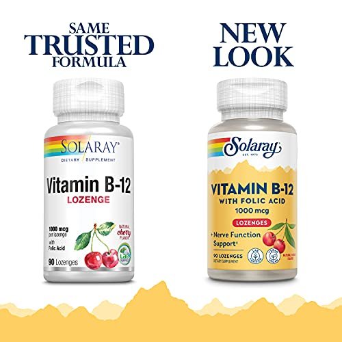 SOLARAY Vitamin B-12 1000mcg Lutschtabletten mit Folsäure | Natürlicher Kirschgeschmack | Gesunde Energieunterstützung | 90 Stück
