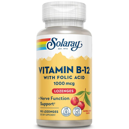 SOLARAY Vitamin B-12 1000mcg Lutschtabletten mit Folsäure | Natürlicher Kirschgeschmack | Gesunde Energieunterstützung | 90 Stück