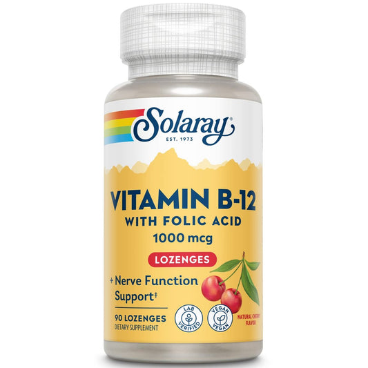 SOLARAY Vitamin B-12 1000mcg Lutschtabletten mit Folsäure | Natürlicher Kirschgeschmack | Gesunde Energieunterstützung | 90 Stück