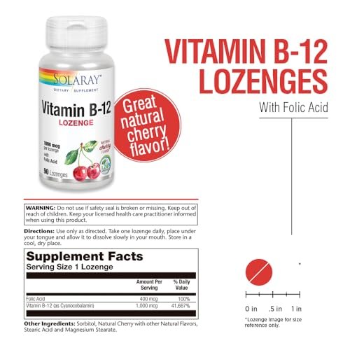 SOLARAY Vitamin B-12 1000mcg Lutschtabletten mit Folsäure | Natürlicher Kirschgeschmack | Gesunde Energieunterstützung | 90 Stück
