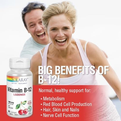 SOLARAY Vitamin B-12 1000mcg Lutschtabletten mit Folsäure | Natürlicher Kirschgeschmack | Gesunde Energieunterstützung | 90 Stück