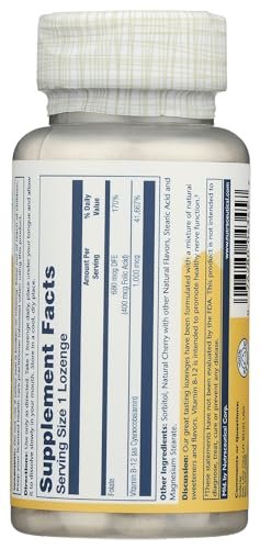 SOLARAY Vitamin B-12 1000mcg Lutschtabletten mit Folsäure | Natürlicher Kirschgeschmack | Gesunde Energieunterstützung | 90 Stück
