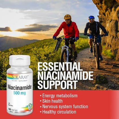 SOLARAY Niacinamid 500 mg | Vitamin B-3 | Unterstützung für Energiestoffwechsel, Kreislauf, Nerven & Hautgesundheit, 100 Kapseln