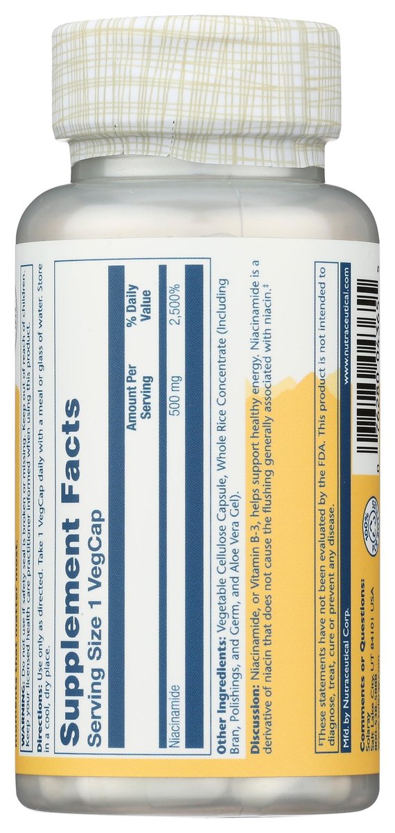 SOLARAY Niacinamid 500 mg | Vitamin B-3 | Unterstützung für Energiestoffwechsel, Kreislauf, Nerven & Hautgesundheit, 100 Kapseln