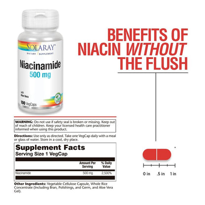 SOLARAY Niacinamid 500 mg | Vitamin B-3 | Unterstützung für Energiestoffwechsel, Kreislauf, Nerven & Hautgesundheit, 100 Kapseln