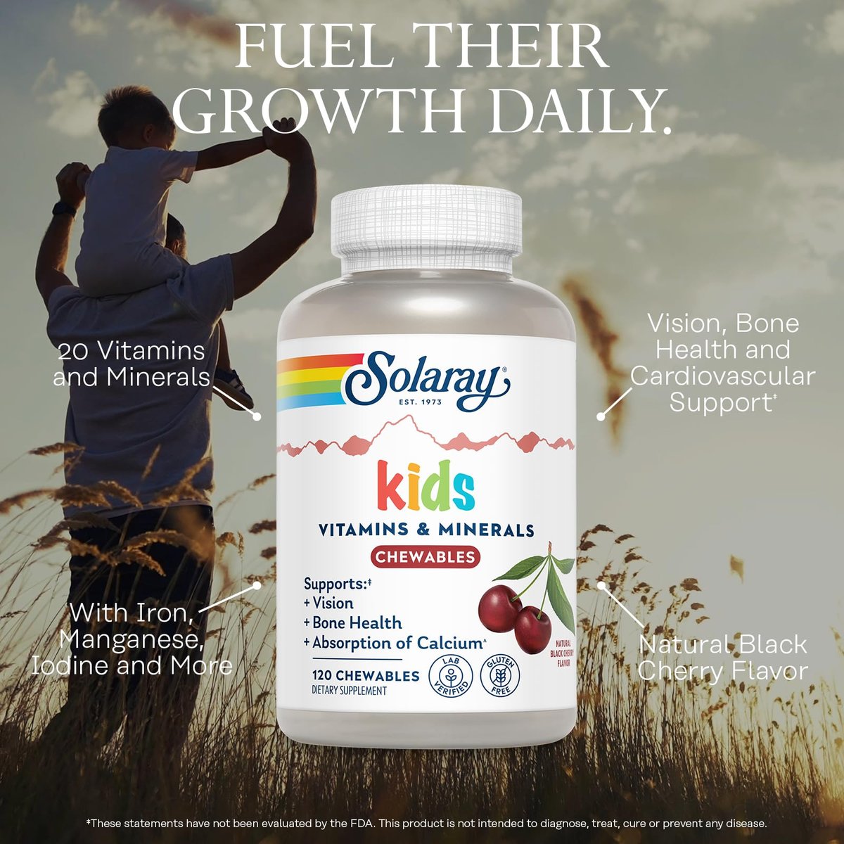 SOLARAY Kinder Multivitamin & Mineralien – 120 Kirsch-Kautabletten, 60 Portionen, glutenfrei