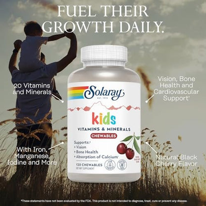 SOLARAY Kinder Multivitamin & Mineralien – 120 Kirsch-Kautabletten, 60 Portionen, glutenfrei