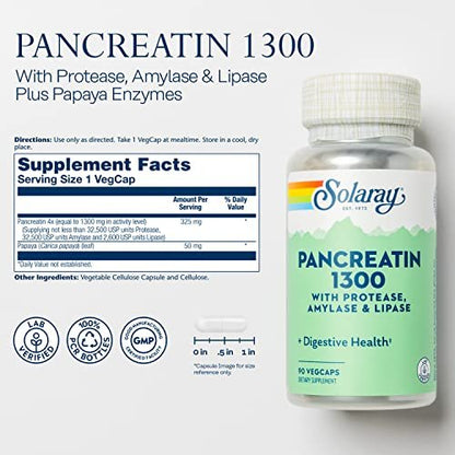 SOLARAY Pancreatin 1300 – Verdauungsenzyme mit Protease, Amylase, Lipase und Papain – 90 vegane Kapseln