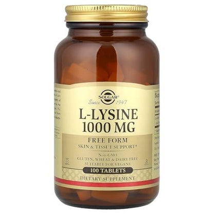 Solgar L-Lysin 1000 mg, 100 Tabletten – Optimale Absorption, unterstützt Haut- und Lippengesundheit, Kollagenaufbau, Vegan, Glutenfrei, Nicht-GVO