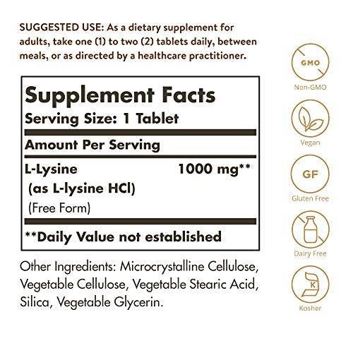 Solgar L-Lysin 1000 mg, 100 Tabletten – Optimale Absorption, unterstützt Haut- und Lippengesundheit, Kollagenaufbau, Vegan, Glutenfrei, Nicht-GVO