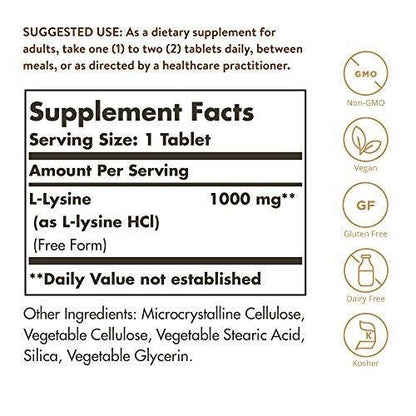 Solgar L-Lysin 1000 mg, 100 Tabletten – Optimale Absorption, unterstützt Haut- und Lippengesundheit, Kollagenaufbau, Vegan, Glutenfrei, Nicht-GVO