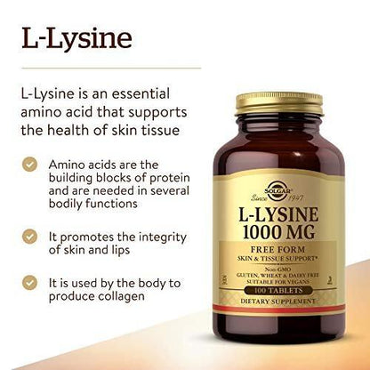 Solgar L-Lysin 1000 mg, 100 Tabletten – Optimale Absorption, unterstützt Haut- und Lippengesundheit, Kollagenaufbau, Vegan, Glutenfrei, Nicht-GVO
