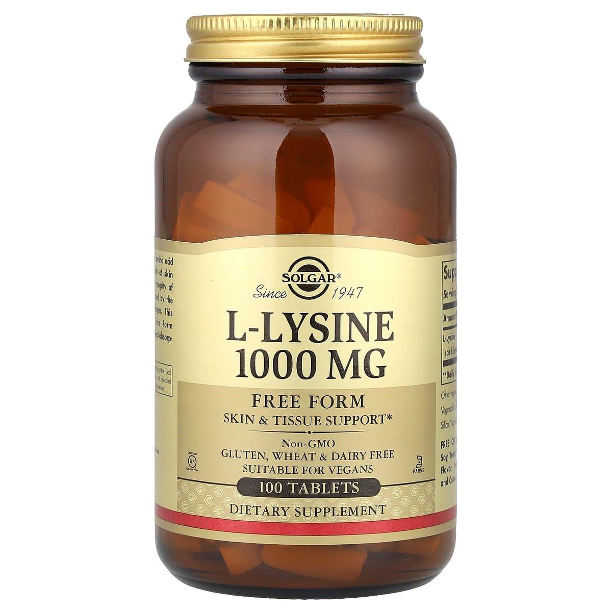 Solgar L-Lysin 1000 mg, 100 Tabletten – Optimale Absorption, unterstützt Haut- und Lippengesundheit, Kollagenaufbau, Vegan, Glutenfrei, Nicht-GVO