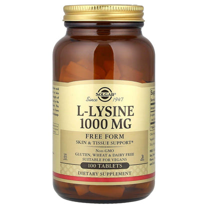Solgar L-Lysin 1000 mg, 100 Tabletten – Optimale Absorption, unterstützt Haut- und Lippengesundheit, Kollagenaufbau, Vegan, Glutenfrei, Nicht-GVO