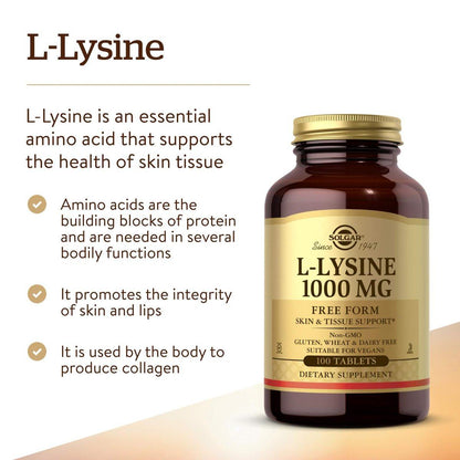 Solgar L-Lysin 1000 mg, 100 Tabletten – Optimale Absorption, unterstützt Haut- und Lippengesundheit, Kollagenaufbau, Vegan, Glutenfrei, Nicht-GVO