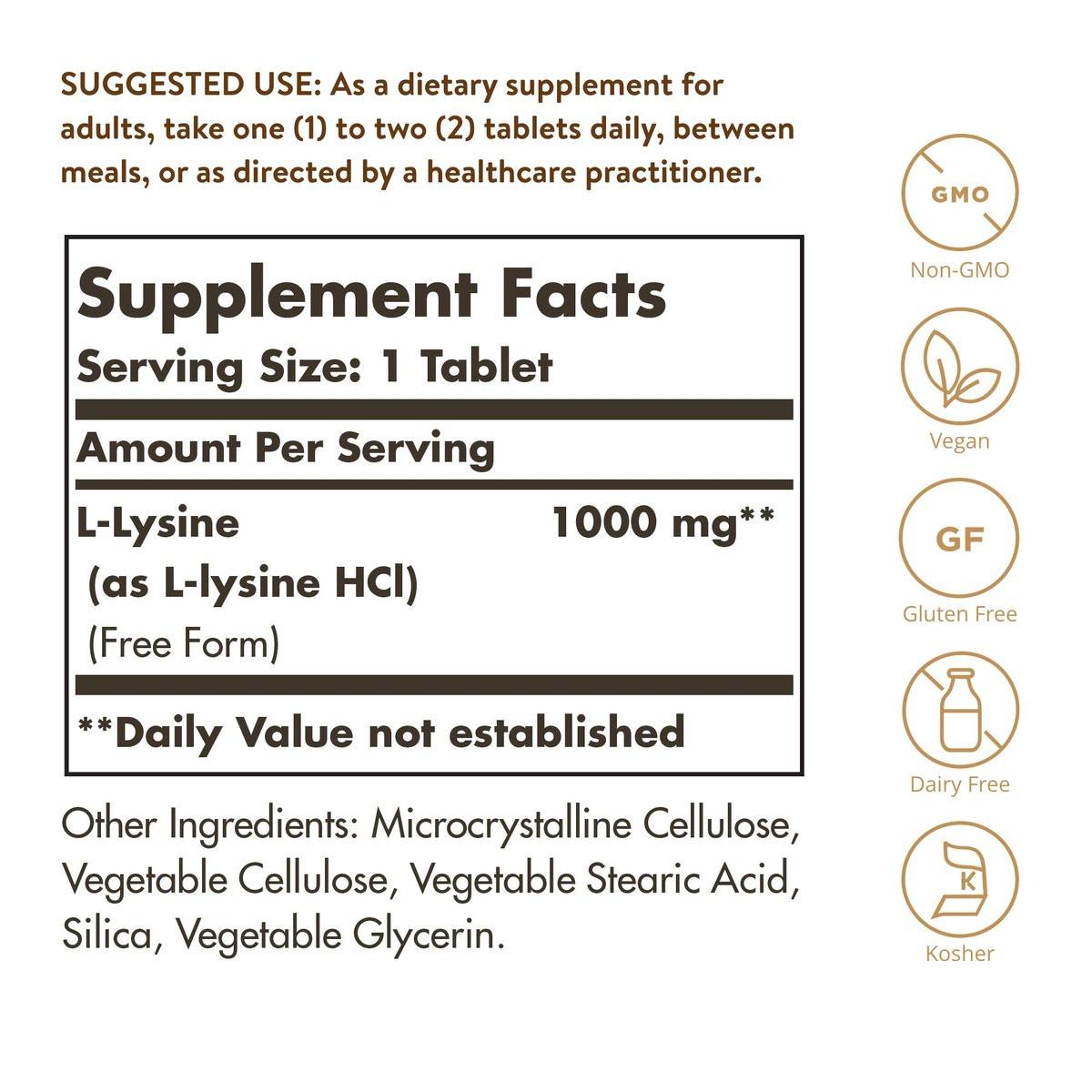Solgar L-Lysin 1000 mg, 100 Tabletten – Optimale Absorption, unterstützt Haut- und Lippengesundheit, Kollagenaufbau, Vegan, Glutenfrei, Nicht-GVO