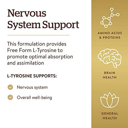 Solgar L-Tyrosin 500 mg, 100 pflanzliche Kapseln – Unterstützung für Gehirn & Nervensystem – Vegan, glutenfrei, laktosefrei, koscher – 100 Portionen, Standardverpackung