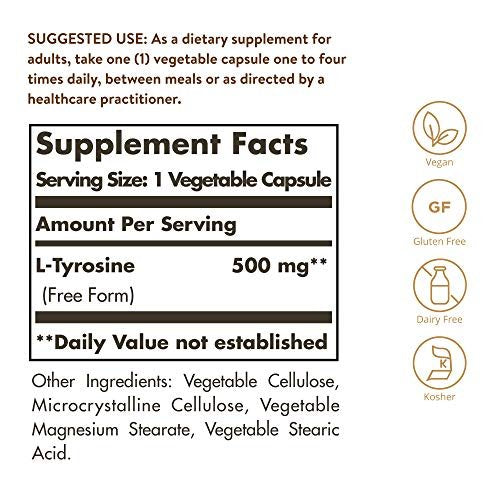 Solgar L-Tyrosin 500 mg, 100 pflanzliche Kapseln – Unterstützung für Gehirn & Nervensystem – Vegan, glutenfrei, laktosefrei, koscher – 100 Portionen, Standardverpackung