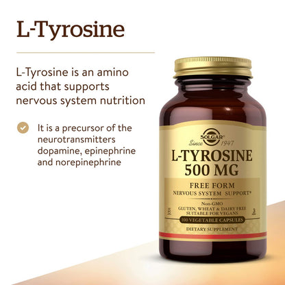 Solgar L-Tyrosin 500 mg, 100 pflanzliche Kapseln – Unterstützung für Gehirn & Nervensystem – Vegan, glutenfrei, laktosefrei, koscher – 100 Portionen, Standardverpackung