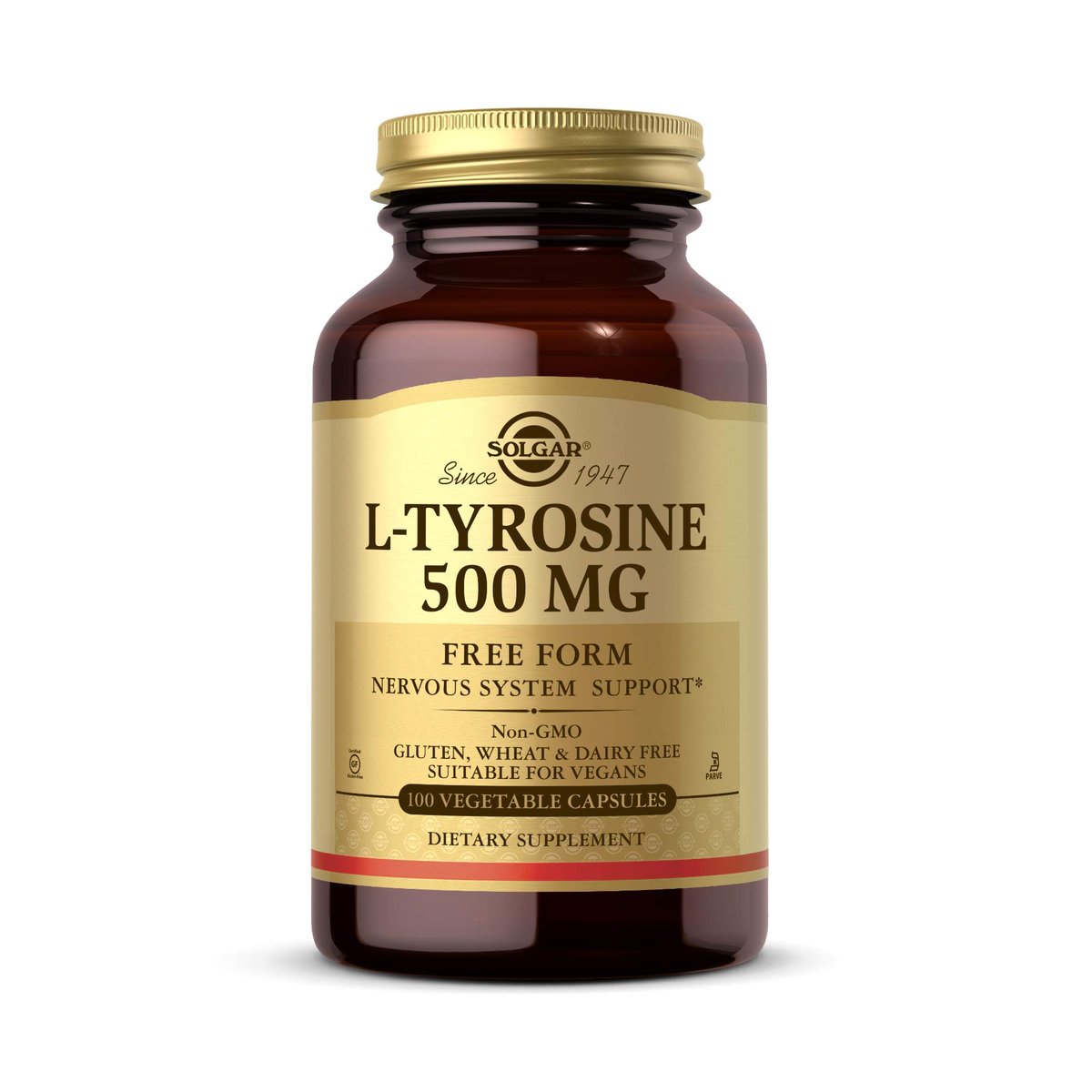 Solgar L-Tyrosin 500 mg, 100 pflanzliche Kapseln – Unterstützung für Gehirn & Nervensystem – Vegan, glutenfrei, laktosefrei, koscher – 100 Portionen, Standardverpackung